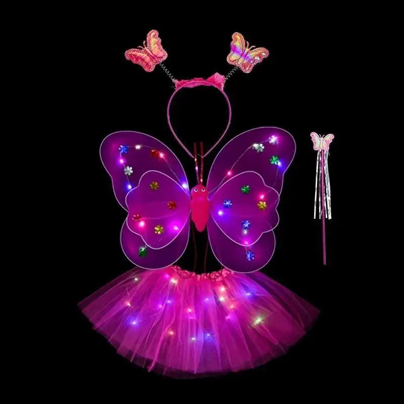 Luminous Wings Flashing Butterfly Skirt Lights Suit LED Children Costume Girls Angel Fairy Prop Photography Performance Wear Oasis Select Rose Red OneSize