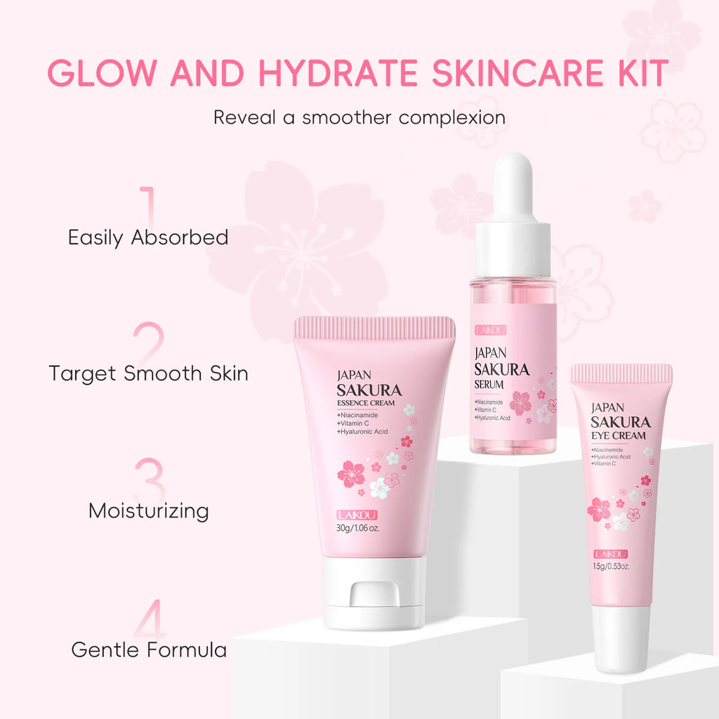 LAIKOU Sakura 3Pcs Facial Kit Face Cream Serum Eye Cream Hydrating Moisturizing Soothing Mini Travel Skincare For Women Gift Oasis Select