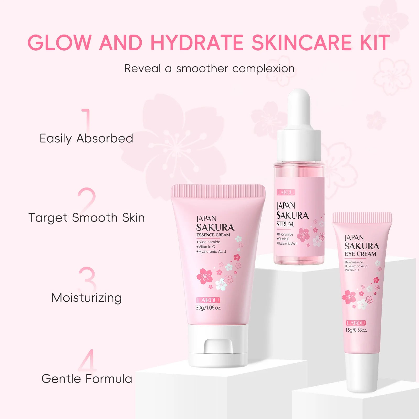 LAIKOU Sakura 3Pcs Facial Kit Face Cream Serum Eye Cream Hydrating Moisturizing Soothing Mini Travel Skincare For Women Gift Oasis Select