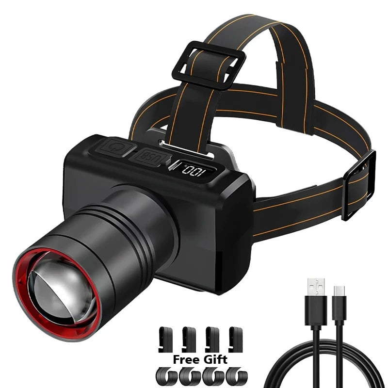 Ultra-bright LED Rechargeable Front Headlights Adjustable 90° Work Light Zoom Waterproof Head Torch for Outdoor Camping Fishing Oasis Select with free hook