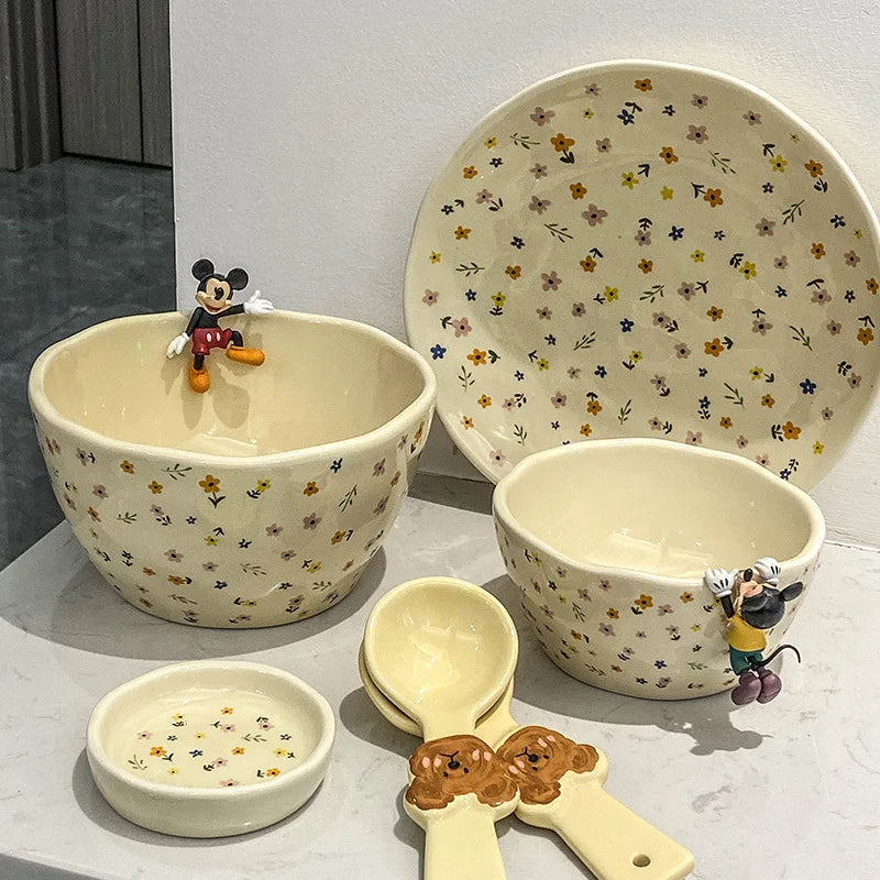 Korean Ceramic Bowl Dish with Fresh Flower Design INS Style High Appearance Level Home Domestic Rice Dish Fruit Salad Bowl Oasis Select