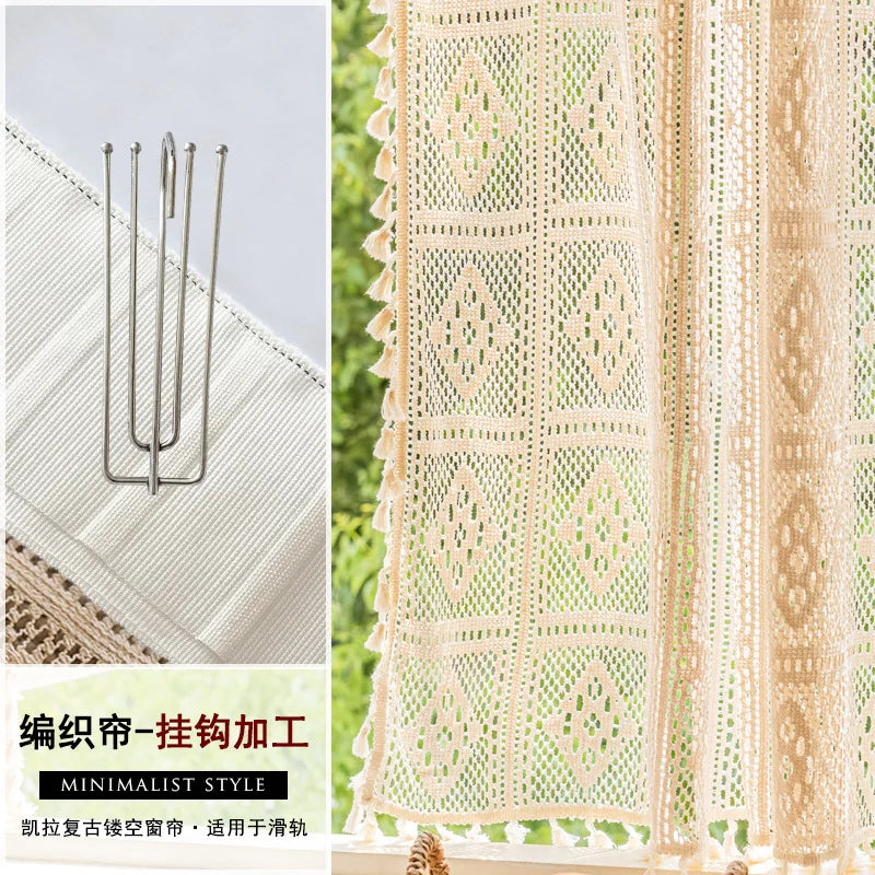 Cotton crochet hollowed out woven curtain American rural retro cotton linen lace tassel gauze curtain window curtain Oasis Select Hook Width 1.35m H 1m
