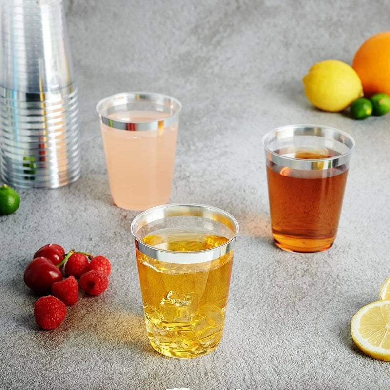 50pcs 10oz Golden Rim Cups, Durable Hard Plastic Water Glasses Suitable for Weddings and Parties, Party Dinnerware Drink Ware Oasis Select