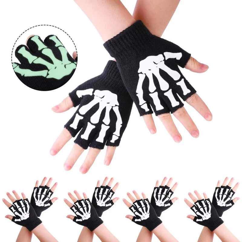 1/2/3/4pairs Adult Kids Halloween Skull Half-Finger Punk Gloves Winter Skull Fingerless Black Gloves Oasis Select
