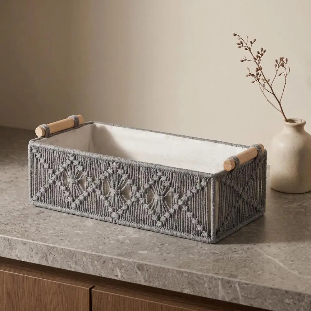Storage Box with Wooden Handles Large Capacity Woven Design Basket Home Countertop Organizer for Cosmetics And Sundries Oasis Select