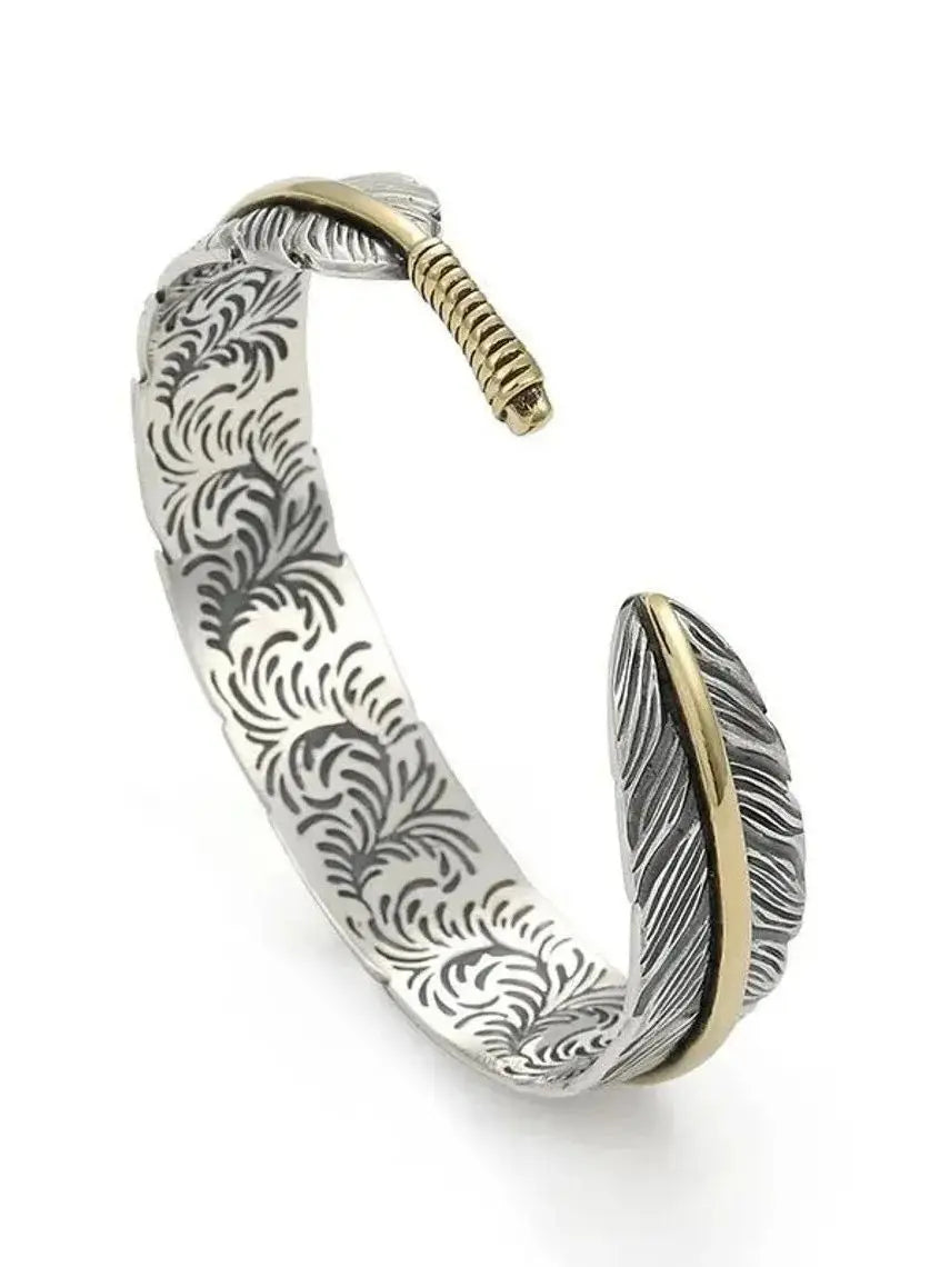 Vintage Carved Pattern Feather Bangle Bracelet Creative Design Opening Adjustable Men and Women's Models Oasis Select