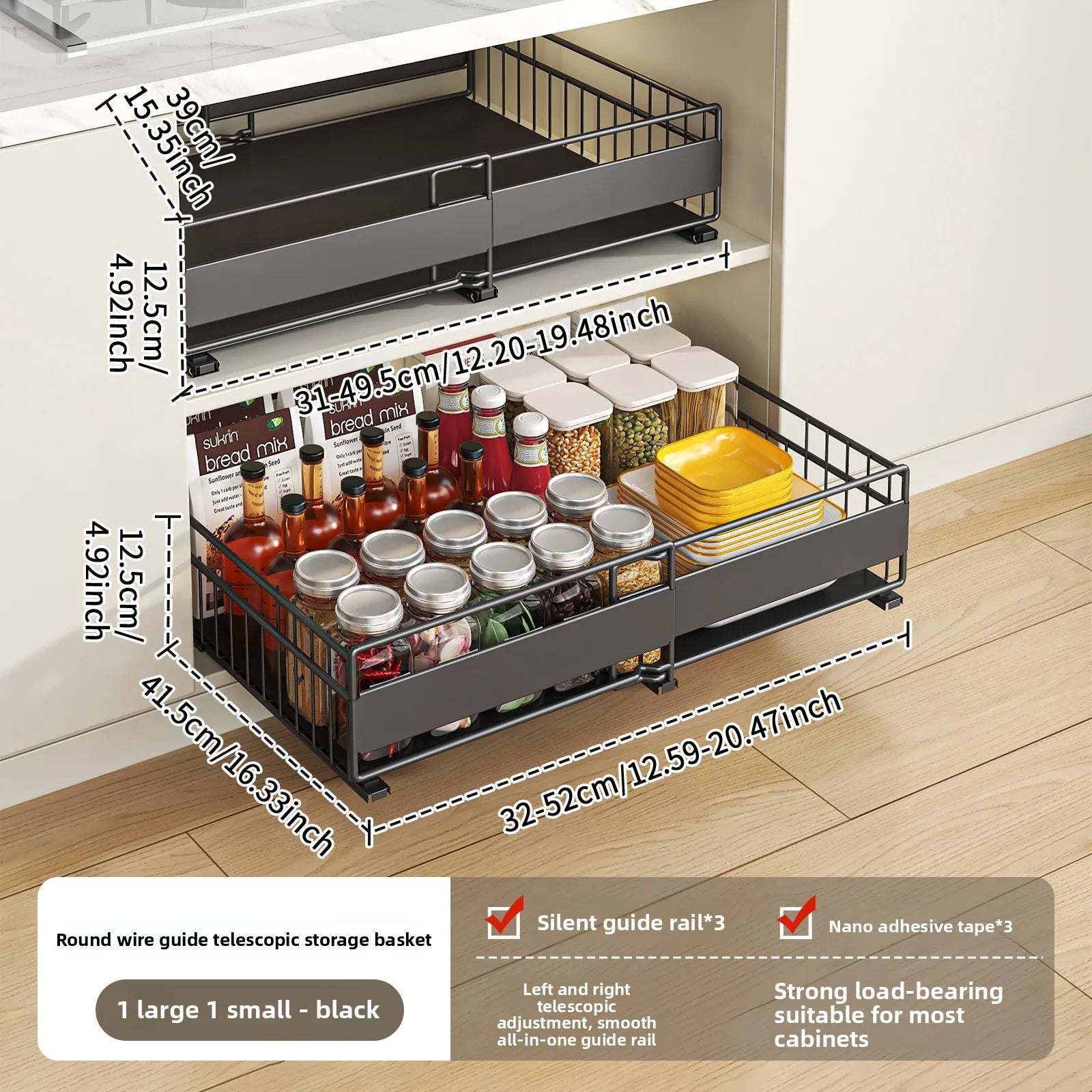 Retractable basket, drawer type seasoning tableware storage rack in kitchen cabinet, storage basket, wardrobe pull rack Oasis Select Black 2-piece set