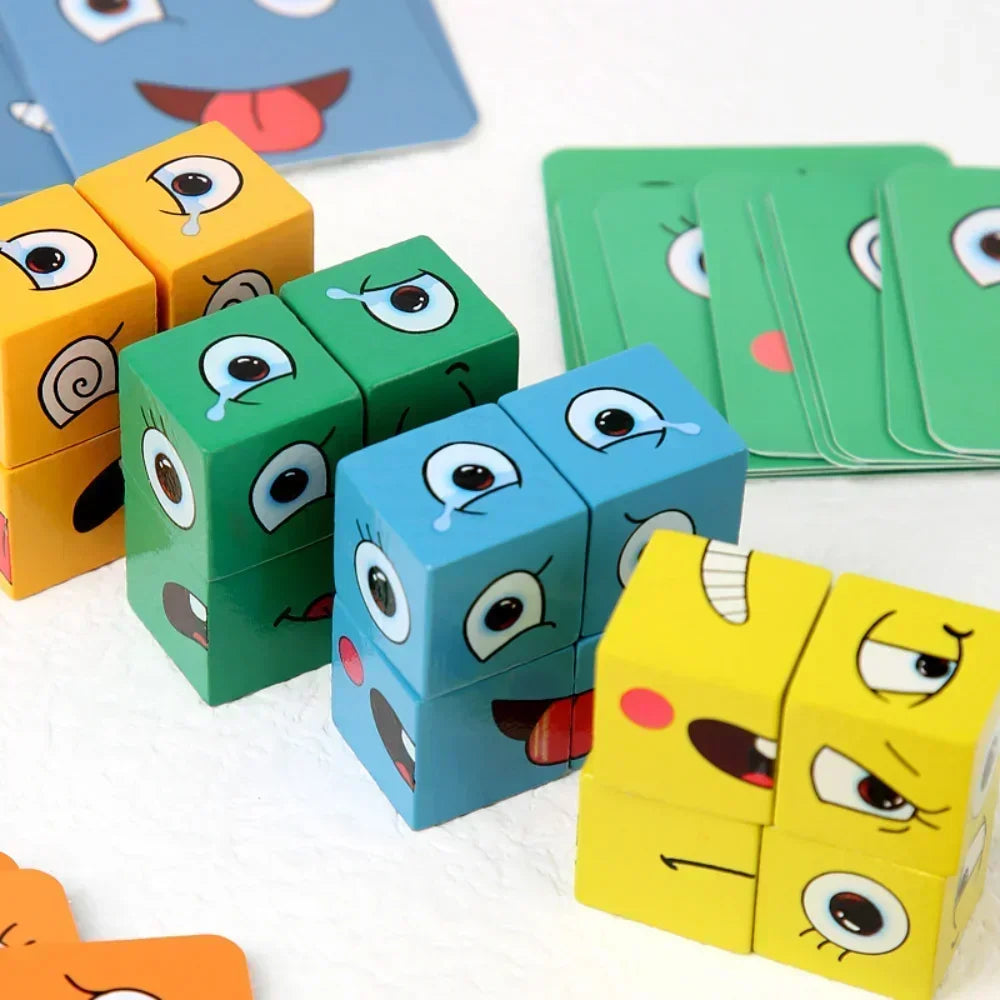 Cube Face Changing Wood Puzzle Building Block Board Game Montessori Expression Wooden Block Blocos for Children New Oasis Select