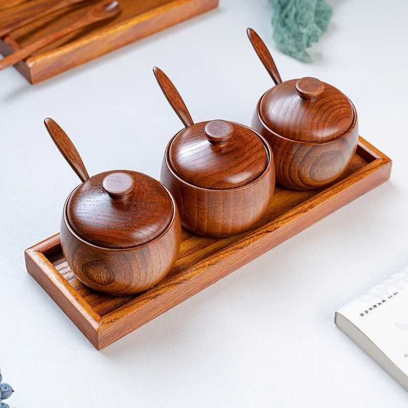 Wooden Seasoning Jar Creative Kitchen Retro Salt Sugar Pot Seasoning Storage Jar With Lid Spoon Wooden Tray Storage Containers Oasis Select