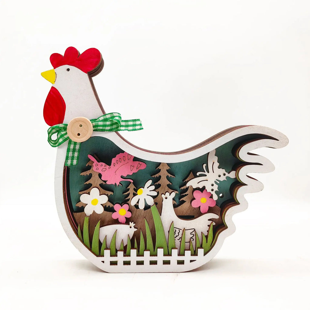 Easter Wooden Turkey Decorations Flowers Butterfly Home Tabletop Wooden Crafts Decoration Oasis Select White No lamp