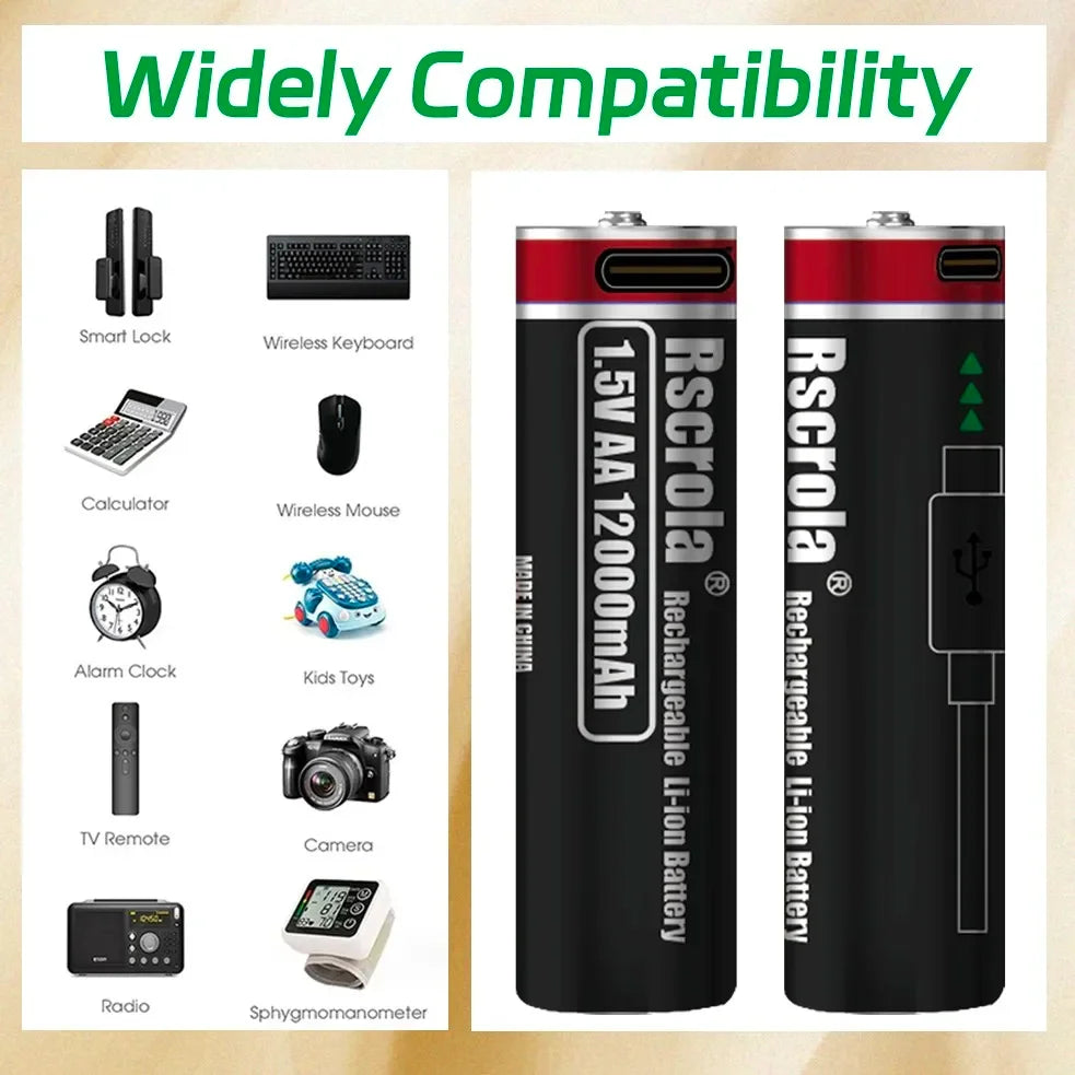 1.5V AA Lithium Battery Rechargeable 12000mAh USB-C Fast Charging, Constant Voltage for Smart Lock, Game Controller, Keyboard Oasis Select
