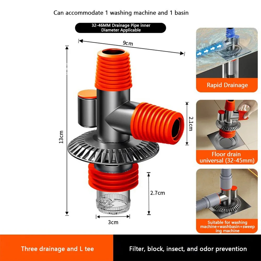 Anti-Odor Floor Drain Connector | Multi-Port Hose Adapter