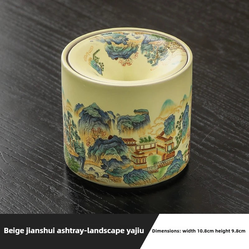 Shanshui Yaju Ru Kiln Ashtray with Lid Anti Fly Ash Office Smoke Cup Household Chinese Funnel Smoke Jar Ceramics Oasis Select B