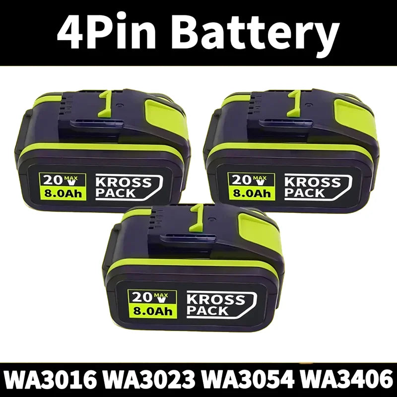 WORX 20V High-Capacity Li-Ion Rechargeable Battery 6.0Ah/8.0Ah Compatible with WA3551 WA3551.1 WA3553 WA3641 WX373 WX390 Tools Oasis Select B-4Pin-8.0Ah (3pcs)
