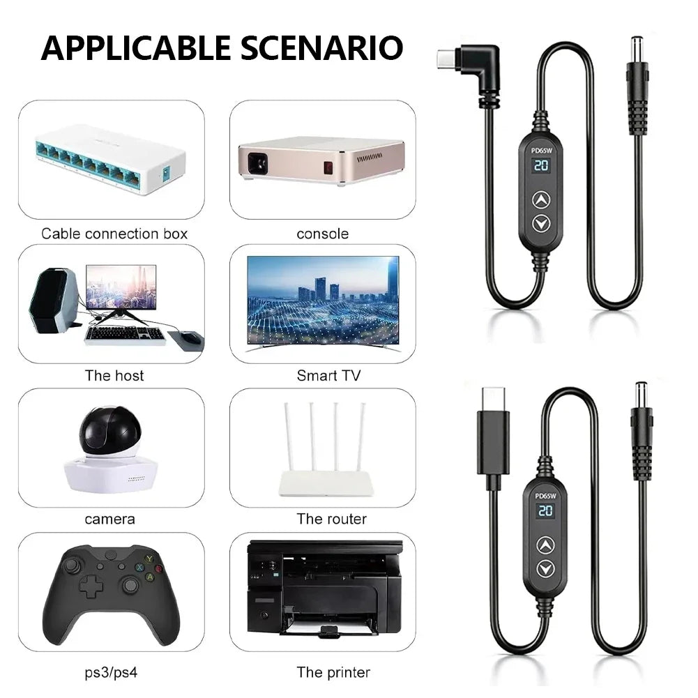 65W USB-C to DC PD Cable – 5V 9V 12V 15V 20V Universal Adapter