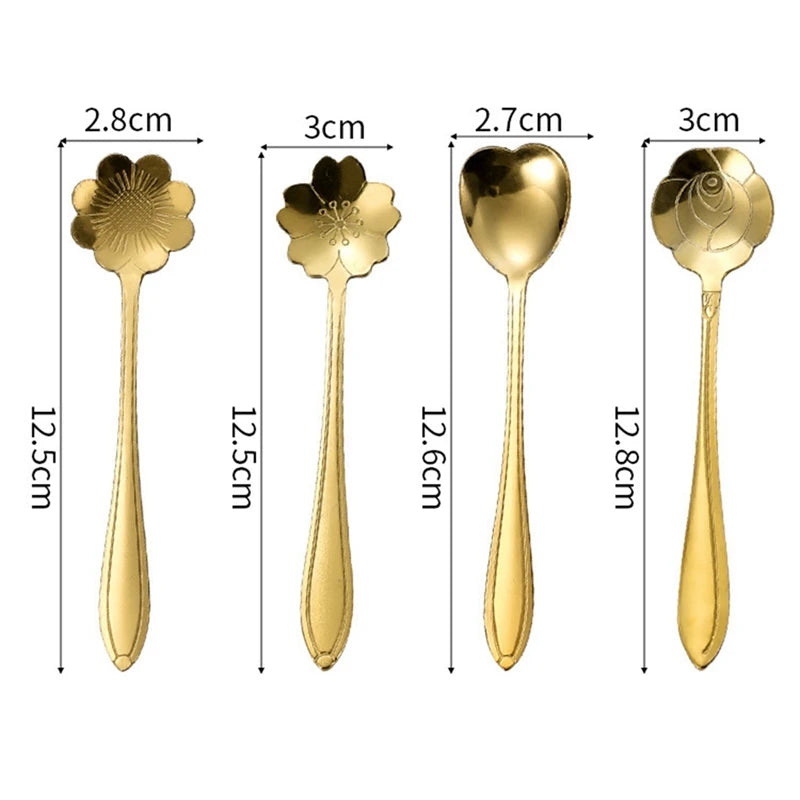 Stainless Steel Cherry Flower Gold Scoop Coffee Spoon Gift Kitchen Dessert Tea Replacement Tableware Decoration Set 13Cm Oasis Select