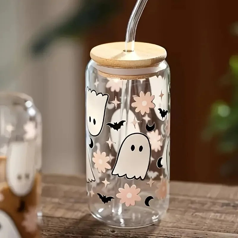 Halloween Drinking Cup with Lid and Straw 18.7oz/550ml Canned Glass Cup Cute Kawaii Coffee Cup Juice Water Cup Milk Oasis Select