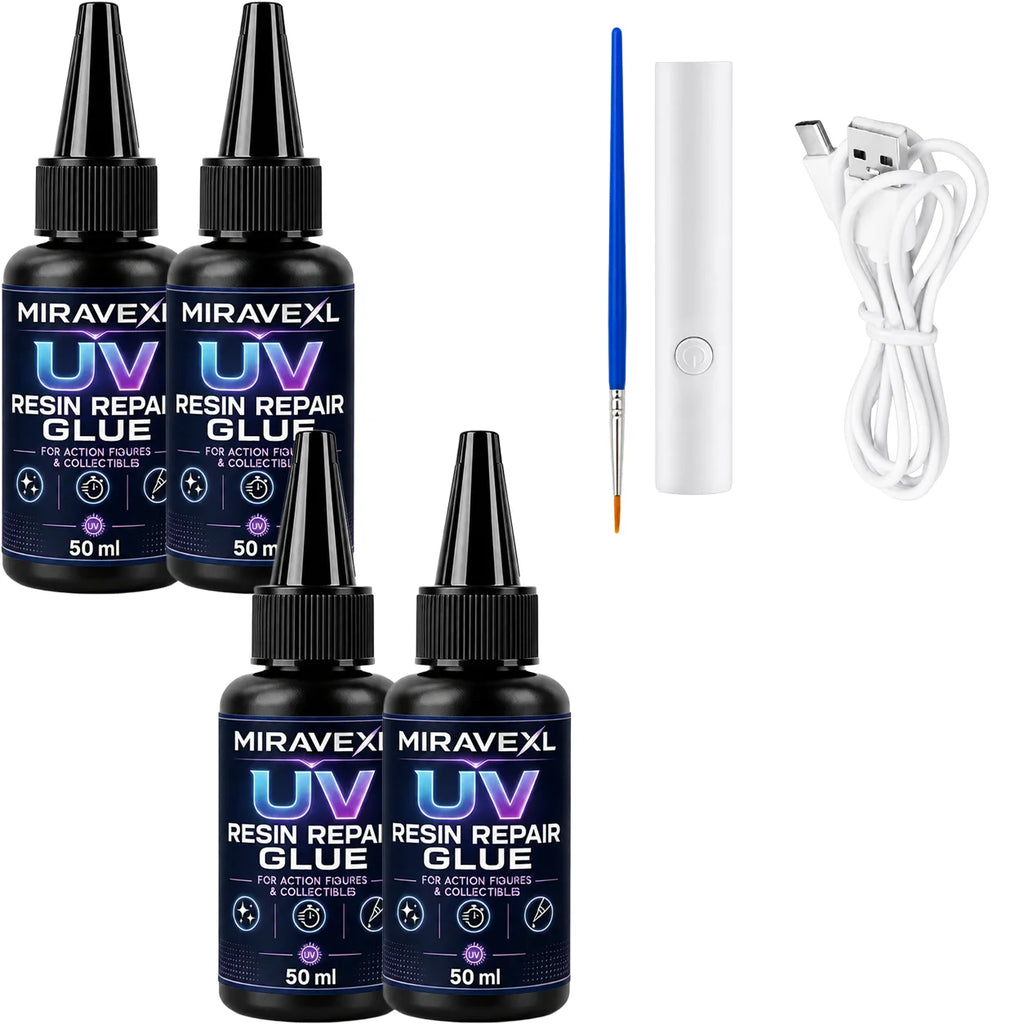 MIRAVEXL UV Resin Repair Glue 25ml/50ml for Action Figures Collectibles, Fast Curing ClearAdhesive with UV Light Brush Kit Pack Oasis Select 200ml