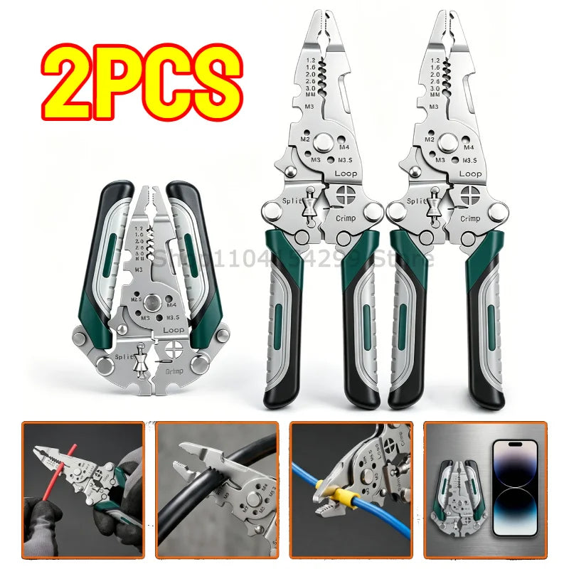 Foldable Wire Stripper Electrician Wire Splitter Wire Pliers Crimping Plier Tool with Stripping, Crimping and Twisting Functions Oasis Select 2PCS
