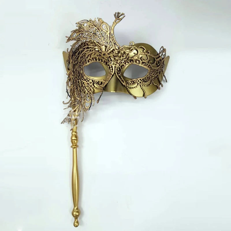 Venetian Masquerade Mask with Holding Stick for Women Feather Mardi Gras Masks Masquerade Ball Masks for Women Oasis Select Gold
