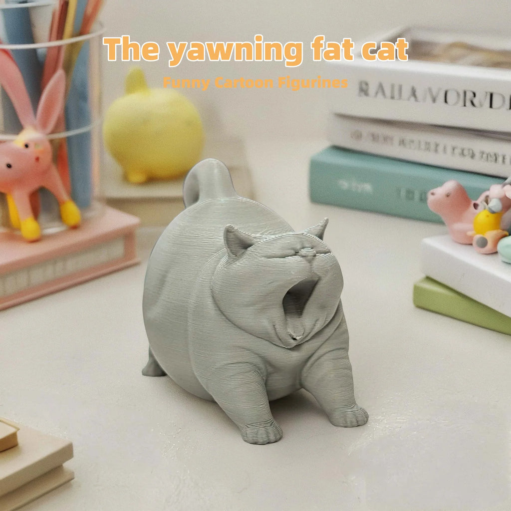 Funny Yawning Fat Cat Figurine Miniature Cartoon Kitten Statue Cute Chubby Cat Ornament for Home Office Desktop Decor Cute Gifts Oasis Select