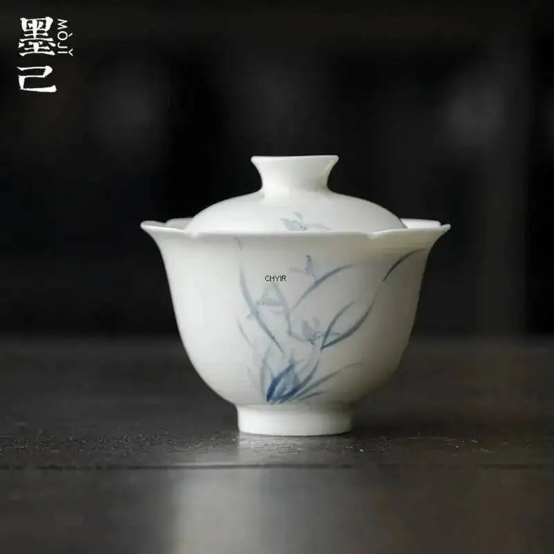High Foot Flower Mouth Gaiwan Kung Fu Ceramic Hand-painted Blue And White Orchid Tea Bowl Household Oasis Select