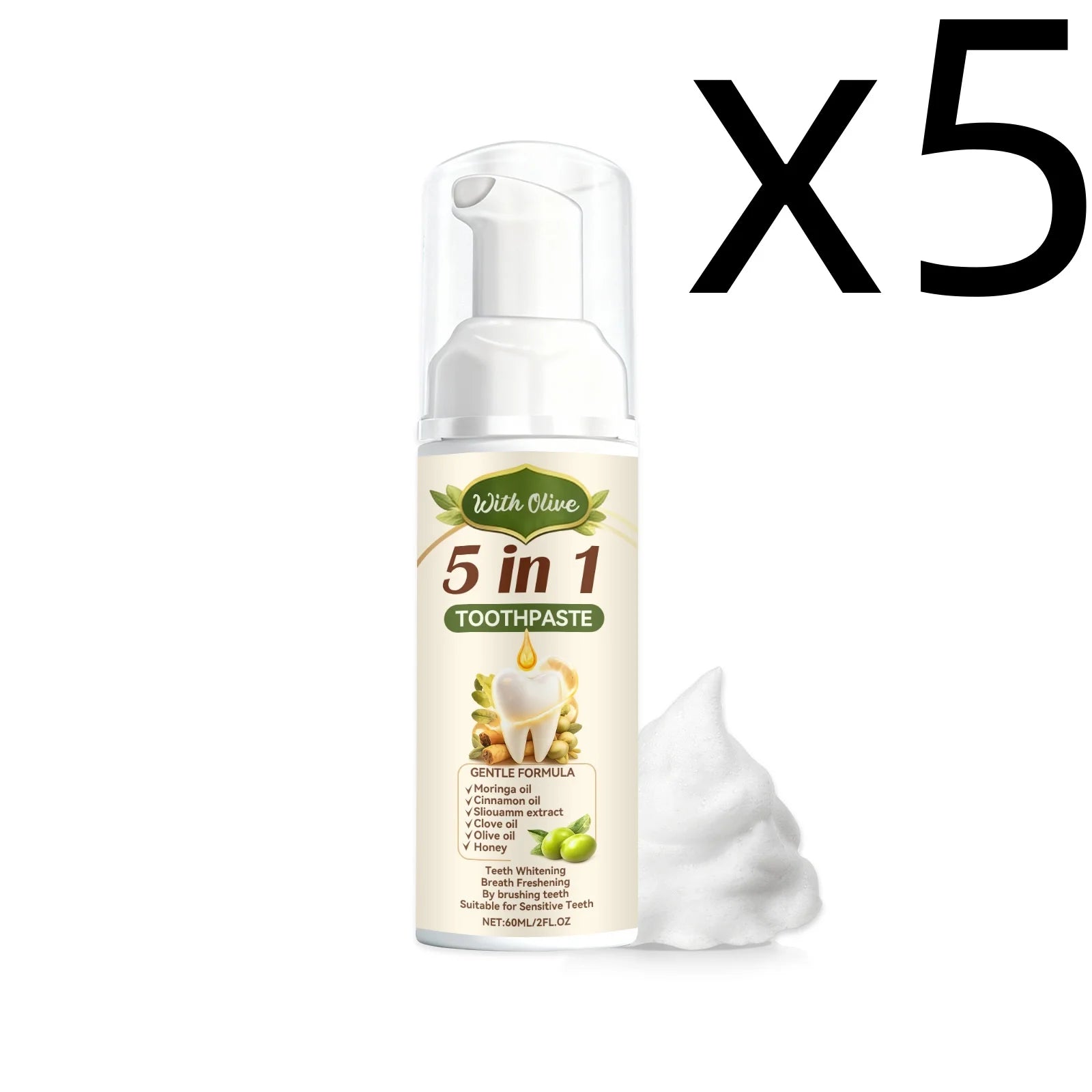 Olive Teeth Clean Toothpaste Mild Foaming Deep Cleaning Offer Oral Health Environment Keep Freshness Breath Portable Toothpaste Oasis Select 60ml X 5PCS