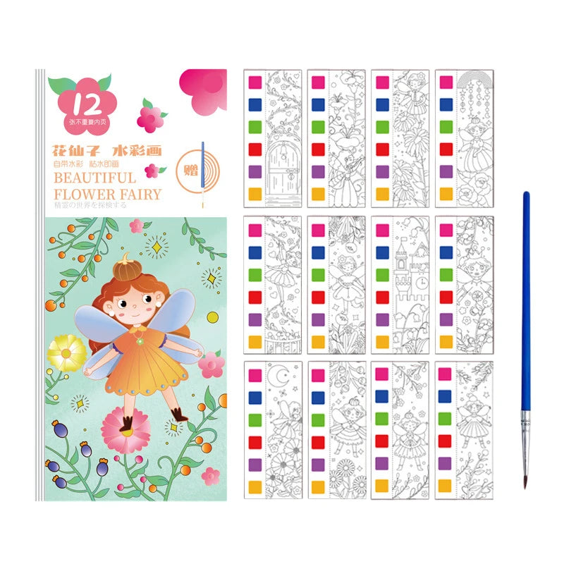 12 Sheets/Set Portable Watercolor Painting Book Coloring Book With Paint Brush Book Kids Graffiti Picture Drawing Stationery Oasis Select StyleA