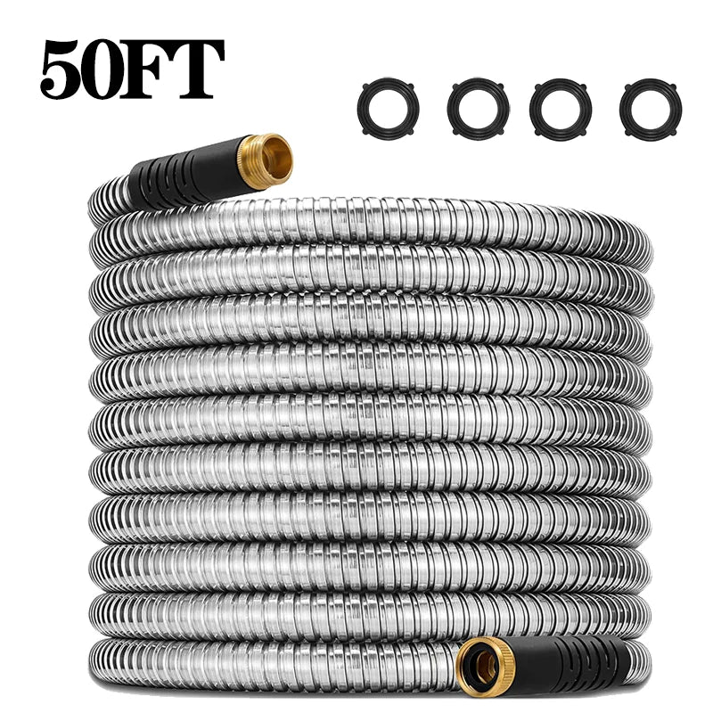 25-75ft Stainless Steel Garden Hose Metal Water Hose Patio Outdoor RV Car Wash Hose Watering Gun Hose Gardening Accessories Oasis Select 50FT