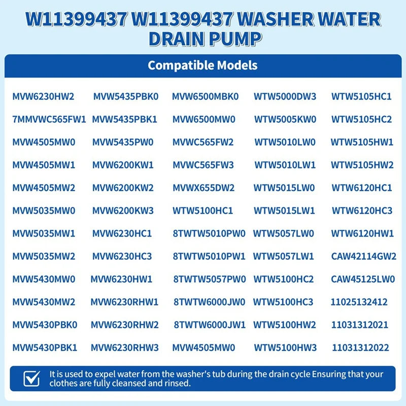 WISH W11399437 W11259498 Washer Drain Pump OEM Parts 120V 60Hz 1.2A For Whirlpool Maytag Kenmore Oasis Select