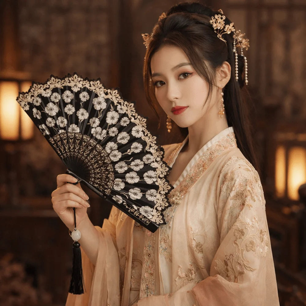 Chinese Folding Fan – Flower Pattern Hanfu Fan with Tassel