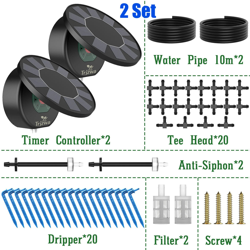 Solar Drip Irrigation System, DIY Drip Accessory Kit, Automatic Plant Watering System, with Watering Timer&10M Water Pipe Etc Oasis Select 2 Set