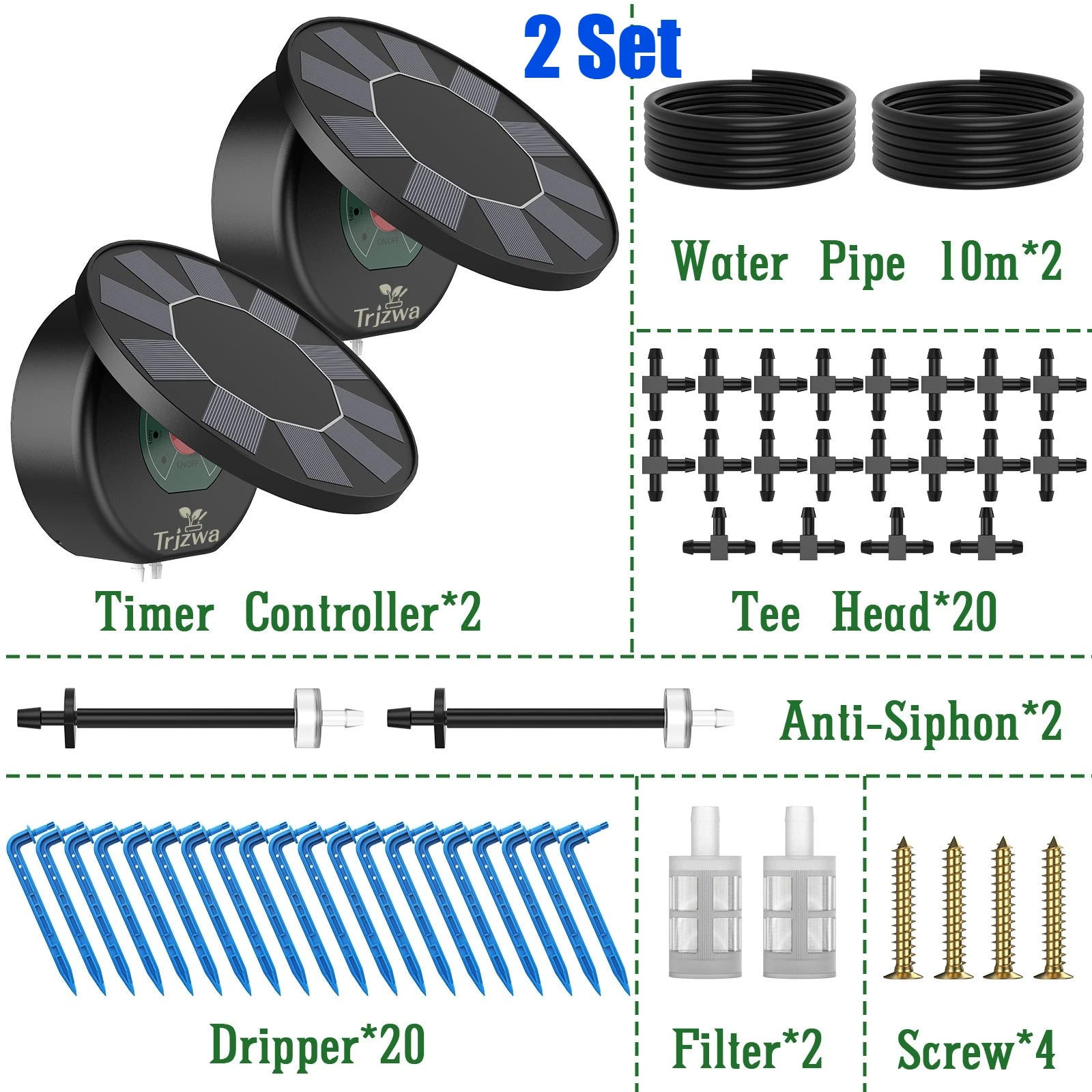Solar Drip Irrigation System, DIY Drip Accessory Kit, Automatic Plant Watering System, with Watering Timer&10M Water Pipe Etc Oasis Select 2 Set