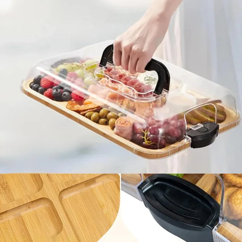 6 Compartment Bamboo Snack Tray with Clear Airtight Lid, Locking Clips Detachable Handle, Portable Platter Charcuterie Organizer Oasis Select