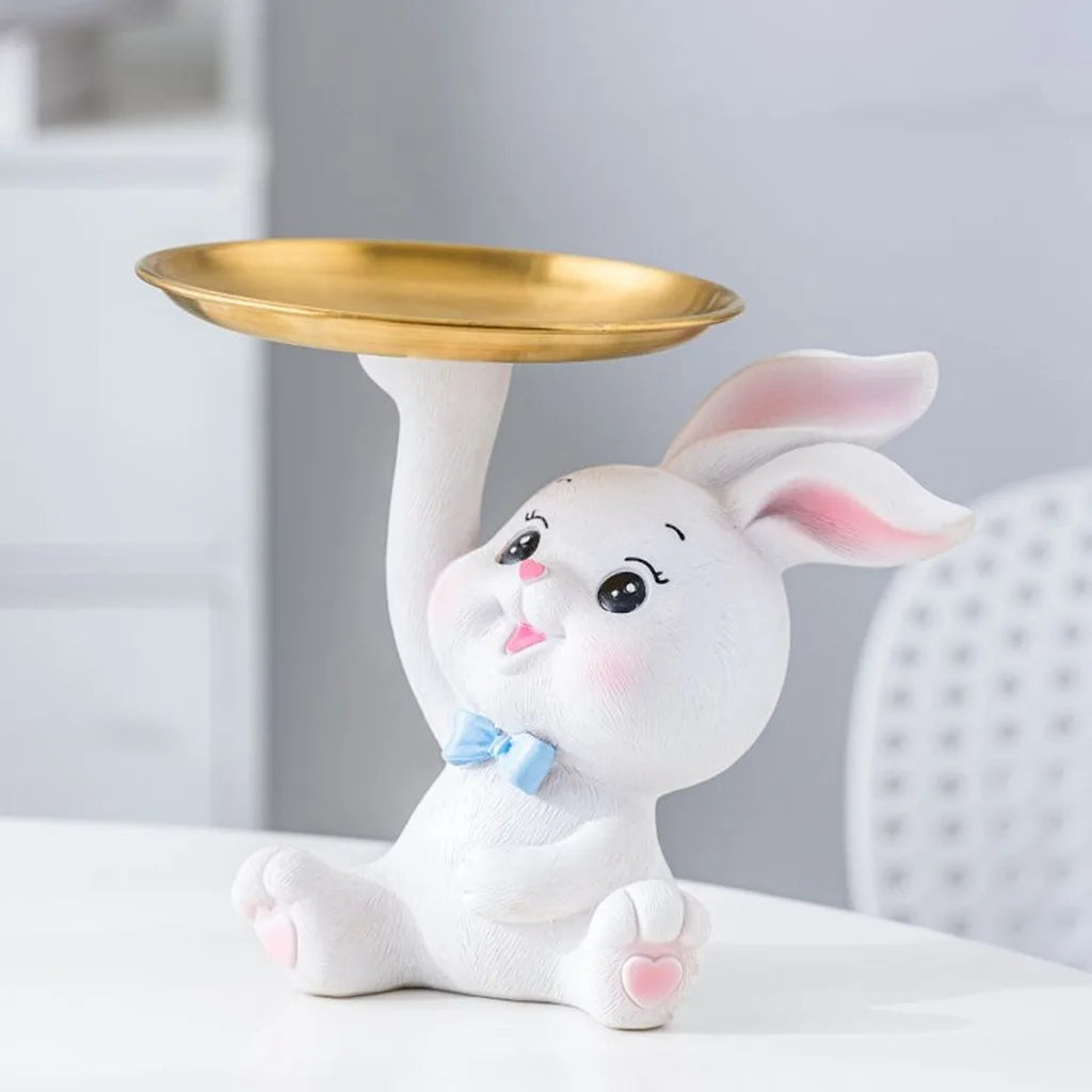 Cute Rabbit/Cat Storage Tray Multifunctional Rabbit Sculpture Key Tray Resin Bunny Statue Candy Dish Home Office Desk Decor Oasis Select