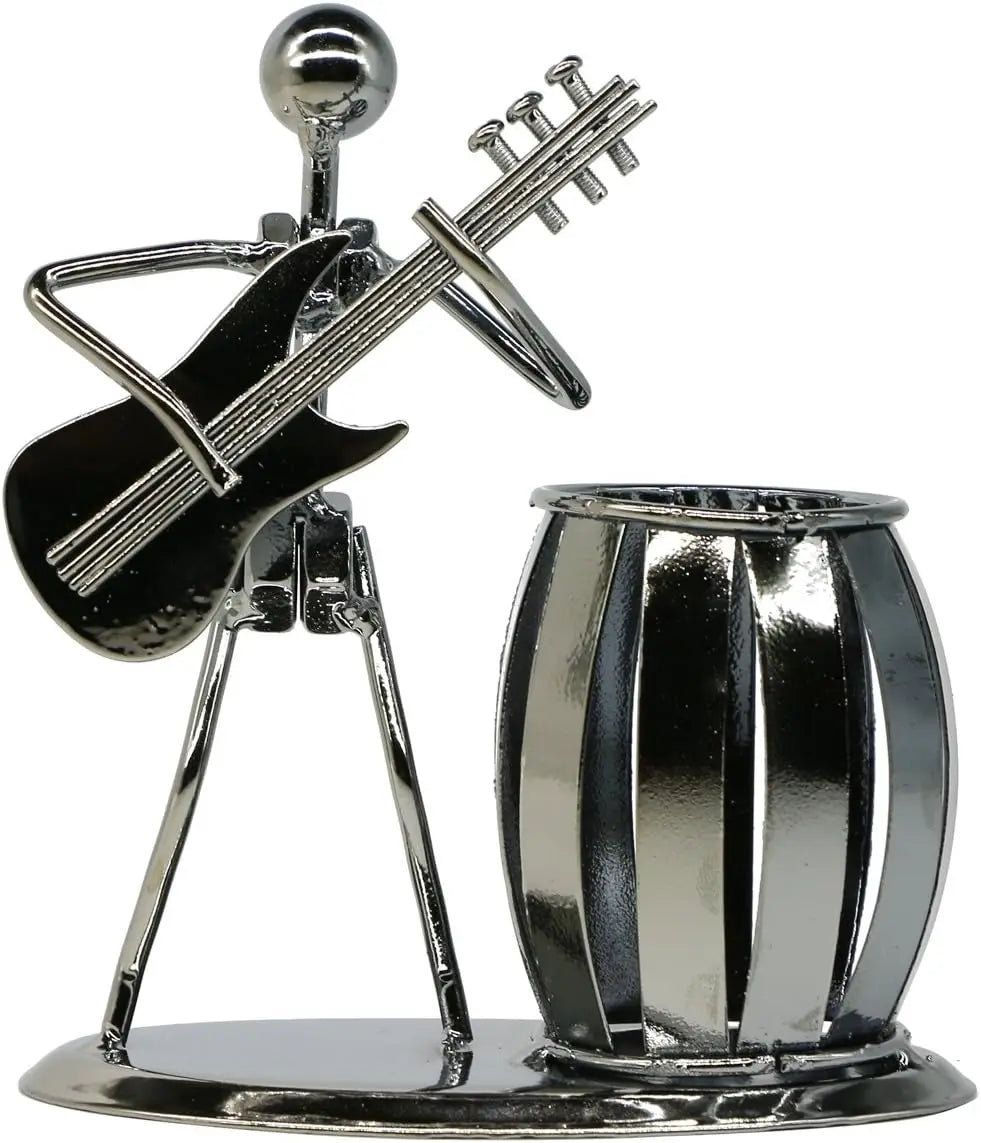 Iron Music Man Steel Pen Holder – Musical Art Metal Pencil Cup for Desktop, Office & Studio Decor, Unique Secretary Gift Oasis Select Plated Guitar