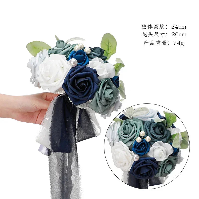 Bridesmaid Gold Hoop Bouquet for Wedding Bridal Shower Ceremony Artificial Rose Flower Hoop Wreath Front Door Wall Decoration Oasis Select B-Blue