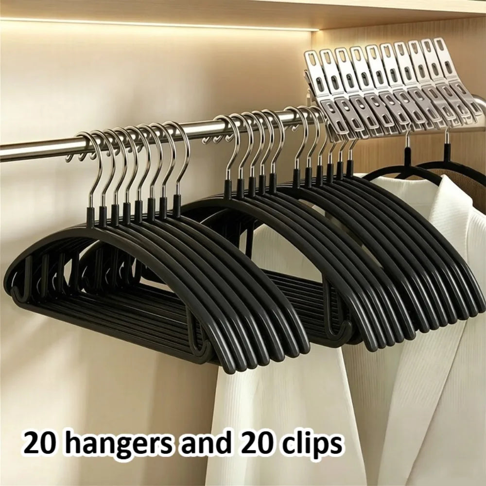 20pcs Non-Slip Hangers with 20 Metal Clips,Anti-Shoulder Bump Arc Design Trouser & Clothes Hanger Set for Laundry Closet,Hangers Oasis Select black