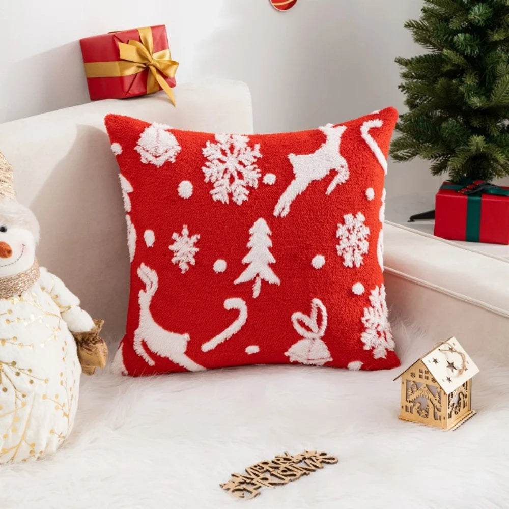 Christmas Throw Pillow Cover Christmas Tree Snowflake Elk Jacquard Plush Pillow Case Holiday Decor New Year's Home Cushion Case Oasis Select Red 4