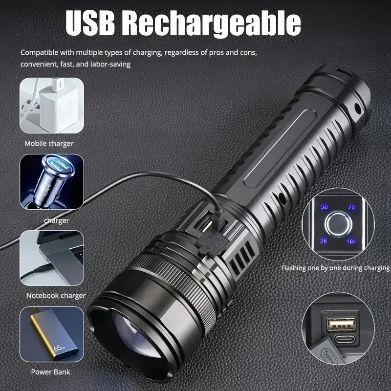 Powerful LED Flashlight Rechargeable Tactical Flashlight with 5 Modes Waterproof Zoomable Flashlight for Camping Emergency Oasis Select