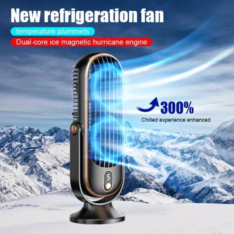 Dual Motor Ice Fan USB Desk 5-Speed LED Display 360° Cooling Large Battery Quiet Portable for Office Home Travel Oasis Select