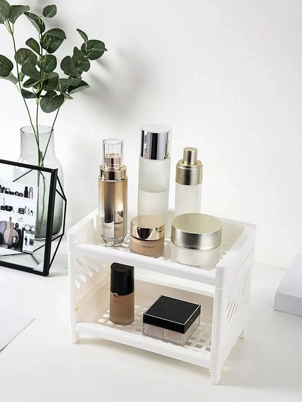 PP Desktop Double Layer Storage Rack Rectangular White Organizing Student Desk Office Cosmetics Stationery Shelf Oasis Select
