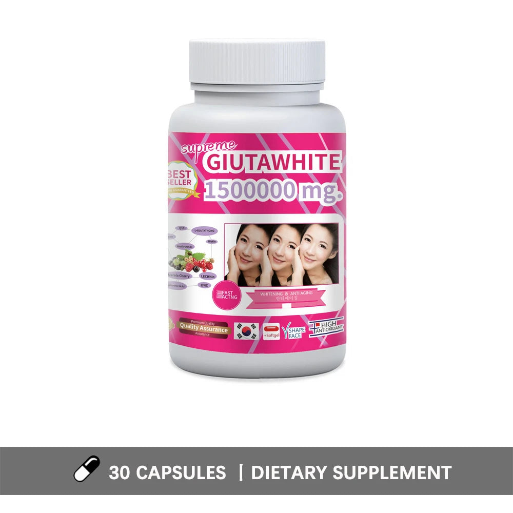 GLUTA WHITE 1500000MG Glutathione Skin Whitening Supplement Anti Aging, UV Protection, Even Skin Tone & Scar 30 Softgel Capsules Oasis Select Package 1