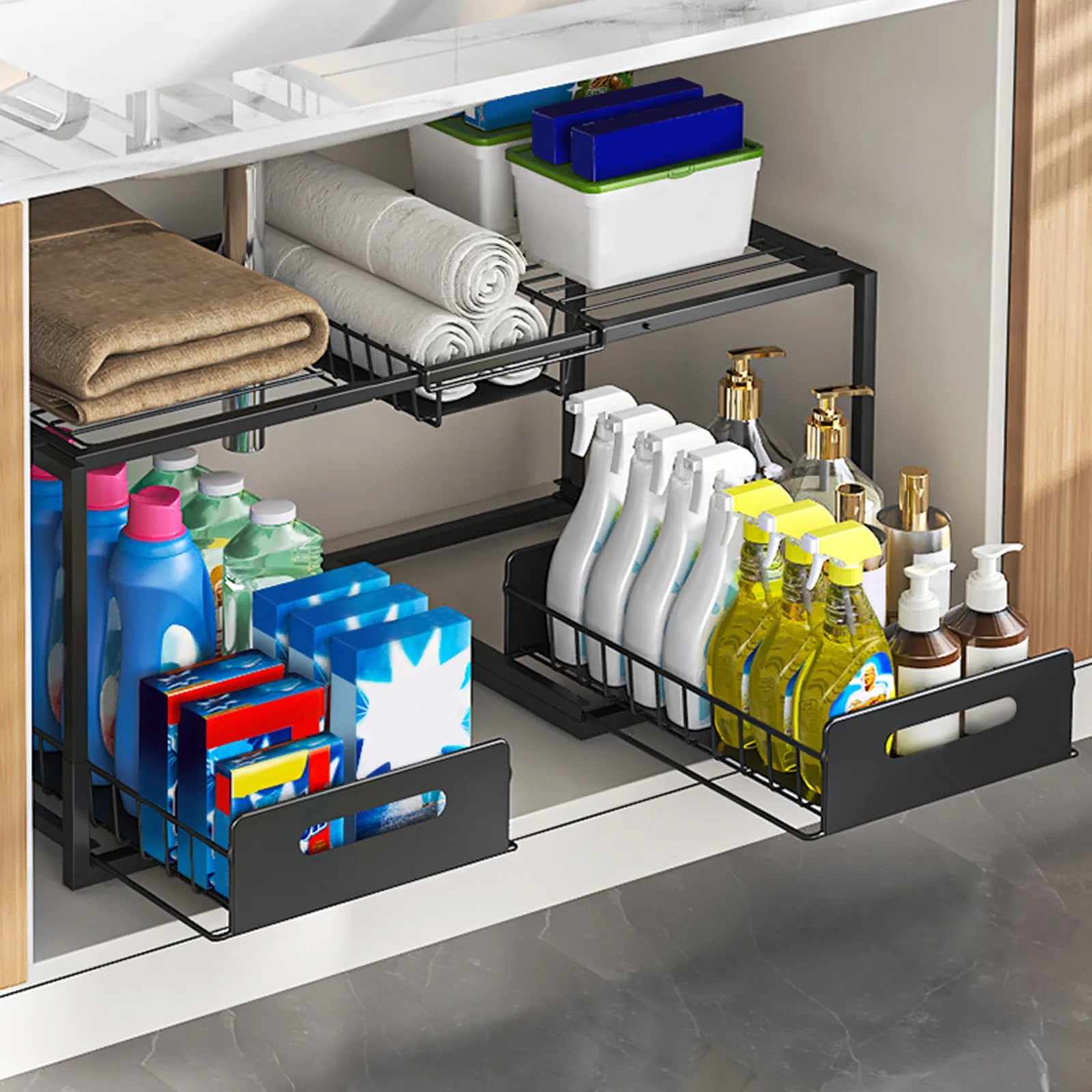 Kitchen retractable lower sink rack push-pull drawer storage rack storage basket cabinet layered pot storage rack Oasis Select