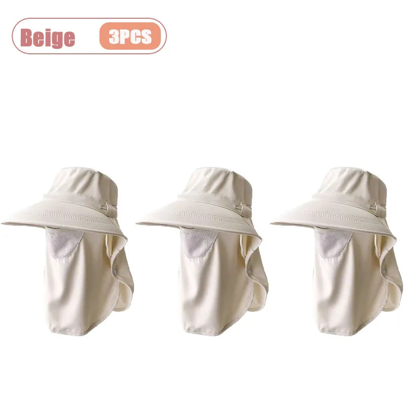 Breathable UV Protection Sun Hat with Face Cover and Neck Flap for Women Summer Outdoor Fishing Hiking Gardening Wide Brim Cap Oasis Select Beige-3PCS