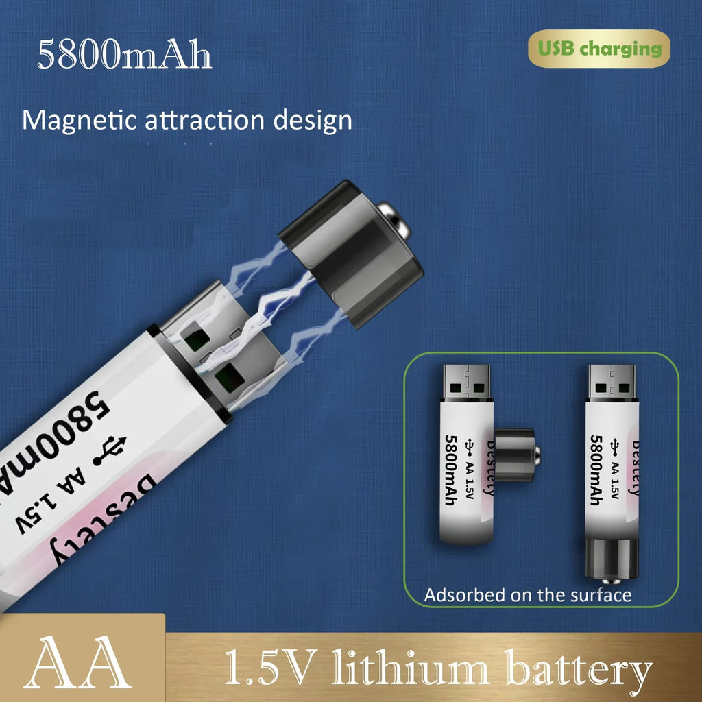 2025 New 1.5v Rechargeable Lithium AA Battery, High capacity 5800mAh USB Li-ion AA Battery,1.5h fast charging and long lasting Oasis Select