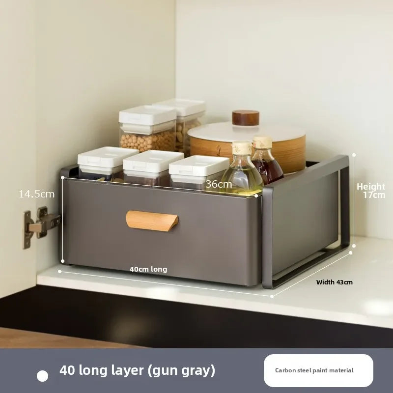 Multi-functional Kitchen Lower Sink Shelf Seasoning Dishes Pull-out Storage Box Sink Storage Rack Cabinet Pull Basket Layer Rack Oasis Select Grey A-1-40