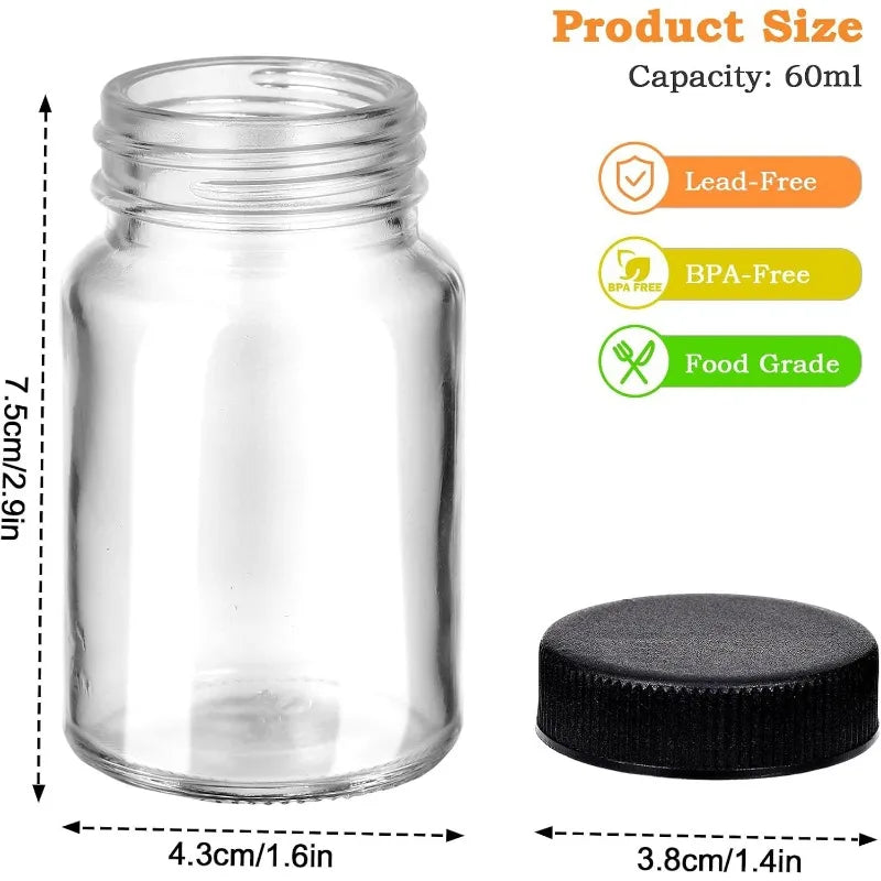 6Pcs Thickened Transparent Mini Glass Bottle with Black Sealed Lid, Reusable Empty Travel Container for Drink Sample Storage Oasis Select