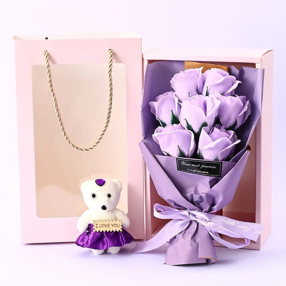 Romantic Fake Rose Bouquet in Gift Box with Cute Teddy Bear Premium Soap Flower Arrangement Perfect Gift for Valentine's Day Oasis Select D
