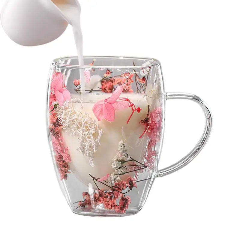 Double Wall Glass Cup Dried Flowers Glass Cup 350ml Anti-Scalding Mug Coffee Mug for Milk Chocolate Tea Juice Hot Cold Beverages Oasis Select